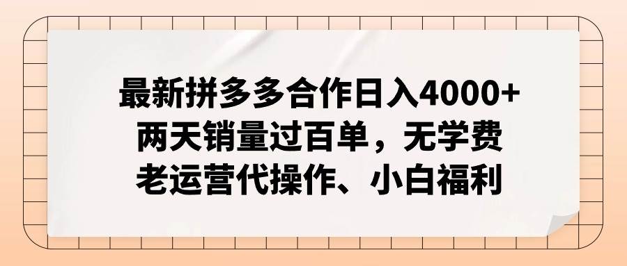 最新拼多多合作日入4000+两天销量过百单，无学费、老运营代操作、小白福利燚龙网创-网创项目资源站-副业项目-创业项目-网赚项目燚龙网创