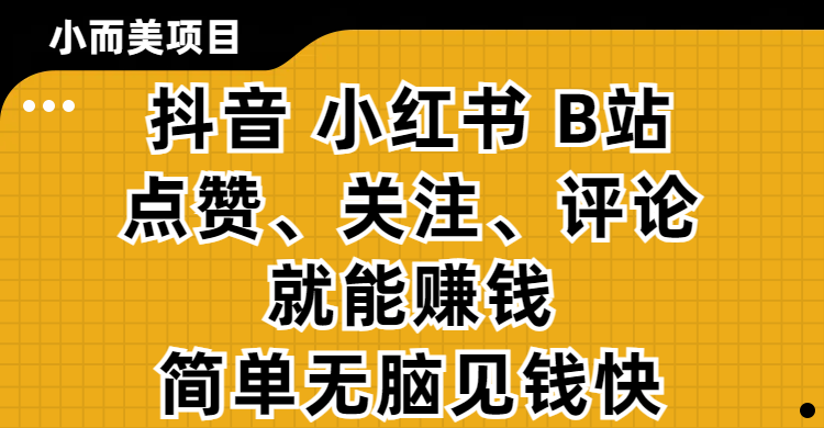 小而美的项目，抖音、小红书、B站视频点赞、关注、评论就能赚钱，简单无脑立见收益！妥妥的零撸项目燚龙网创-网创项目资源站-副业项目-创业项目-网赚项目燚龙网创